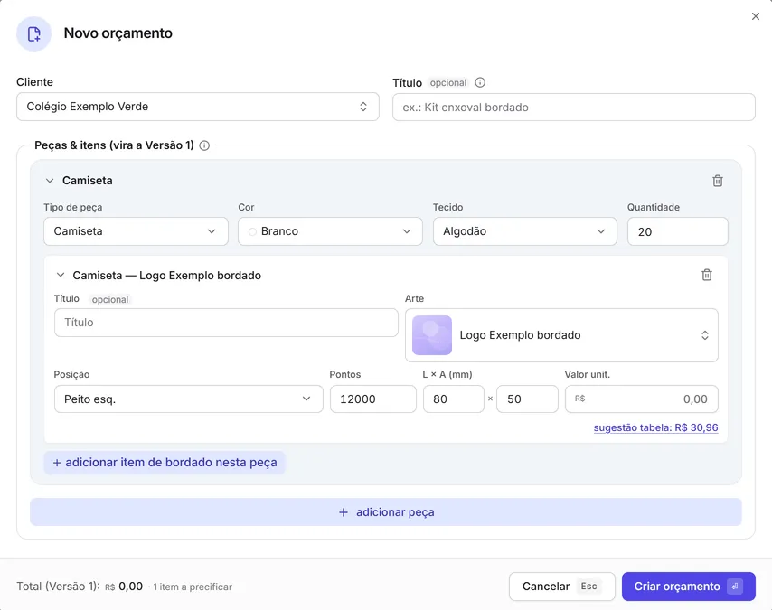 A janela "Novo orçamento" com o cliente, uma peça e o seu bordado preenchidos.