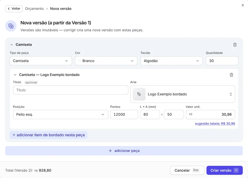 A montagem da versão 2 do orçamento, copiada da versão 1, com a quantidade mudada para 30 e o novo total no rodapé.