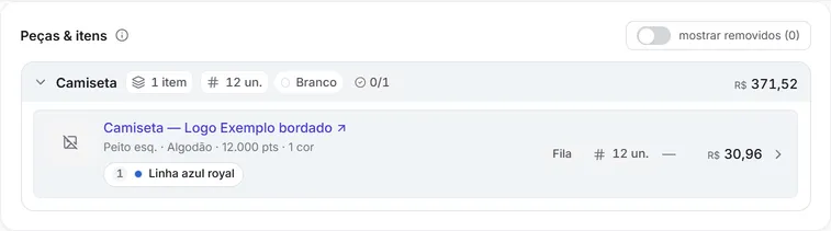 As peças do pedido depois de salvar: o bordado com o valor da sugestão da tabela, o total da peça e nenhuma faixa "A precificar".