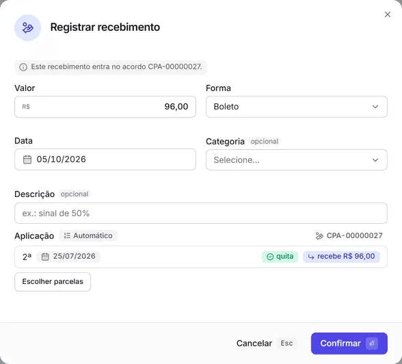 A janela "Registrar recebimento" aberta a partir da conta do pedido.