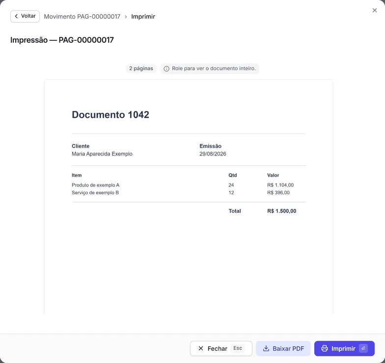 A janela de impressão de um recebimento, com Fechar, Baixar PDF e Imprimir.