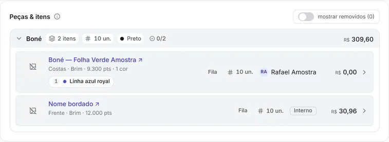 As peças do pedido depois de salvar: o bordado que estava sem preço com R$ 30,96, sem a faixa "A precificar"; o outro continua com R$ 0,00, um preço já dado.