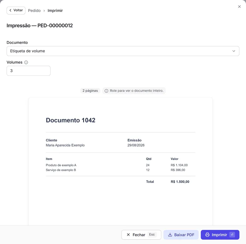 A janela de impressão com "Etiqueta de volume" escolhido e 3 no campo Volumes.