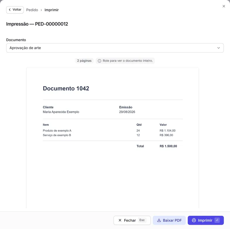 A impressão de um pedido com o documento "Aprovação de arte" escolhido.