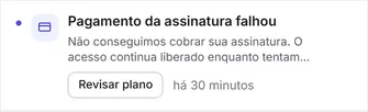 Um aviso no sino de notificações: o título, a explicação, o botão de ação e quando chegou.