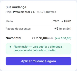 O resumo "Sua mudança" ao escolher um plano maior: o que muda, o novo total, o aviso de que a diferença é cobrada no cartão e o botão "Aplicar mudança agora".