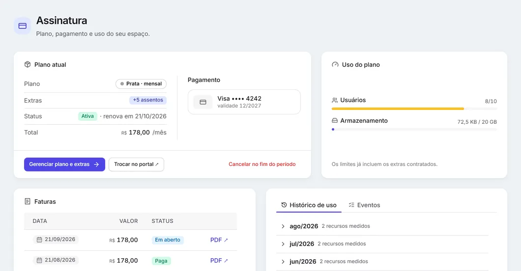 A tela da assinatura: o plano atual, o pagamento, o uso do plano e as faturas.