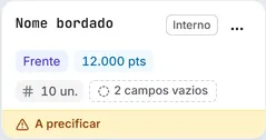 Um cartão de bordado com a faixa "A precificar".
