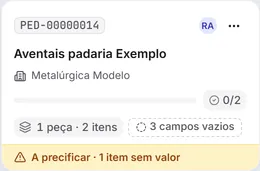 Um cartão de pedido no quadro com a faixa "A precificar".
