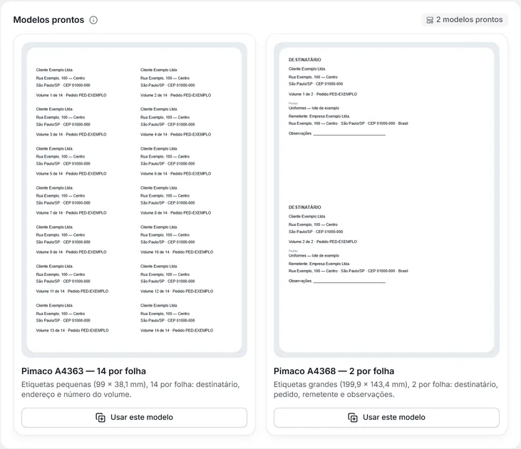 Os modelos prontos da etiqueta de volume: dois cartões lado a lado, cada um com uma folha inteira de etiquetas.
