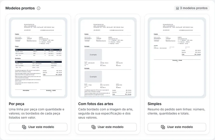 Os modelos prontos do pedido comercial: três modelos em grade.