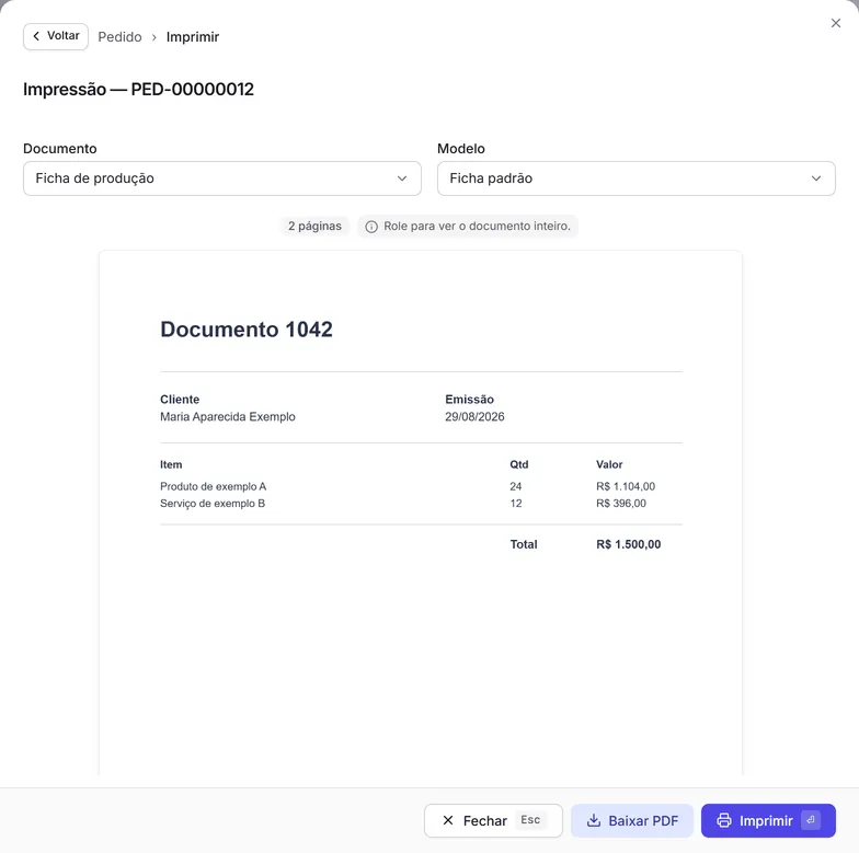 A impressão de um pedido com o documento "Ficha de produção" escolhido.