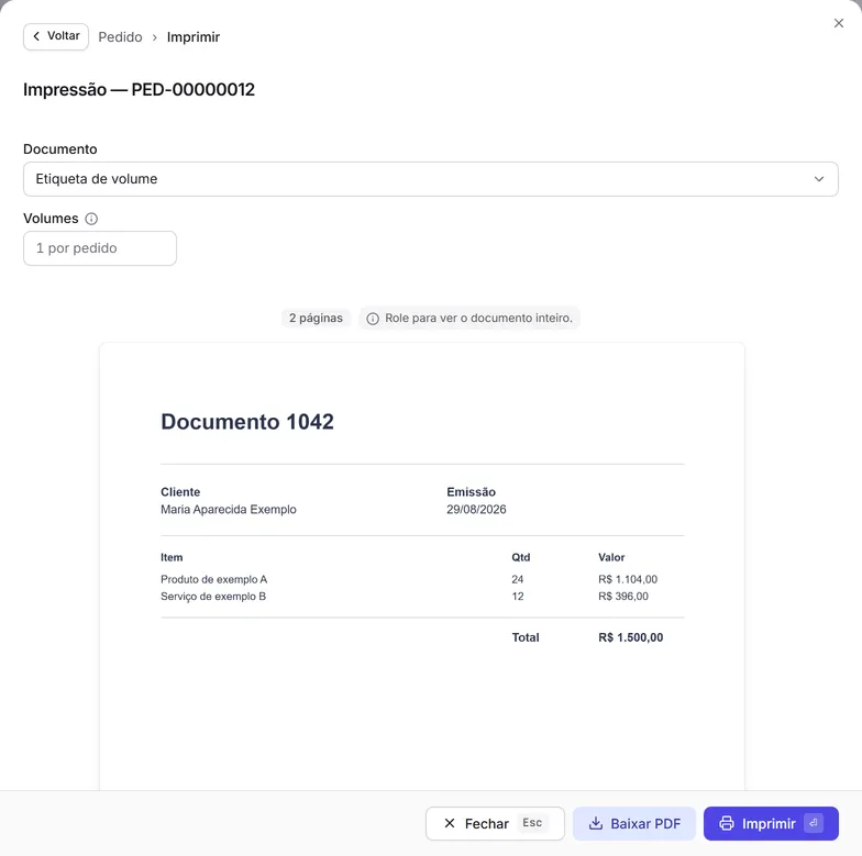 A impressão de um pedido com o documento "Etiqueta de volume" escolhido e o campo Volumes vazio.