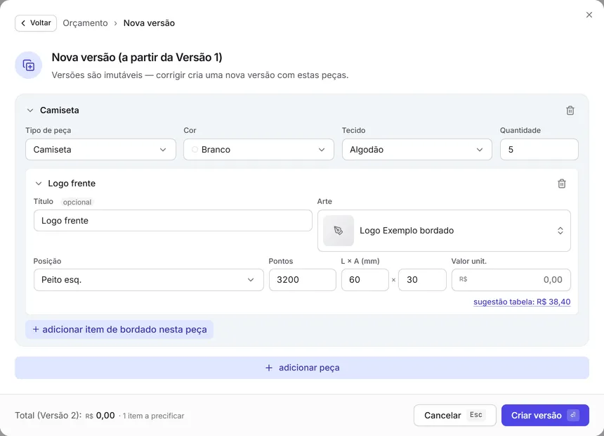 A montagem de uma nova versão do orçamento, copiada da atual, com as peças e os bordados para ajustar.