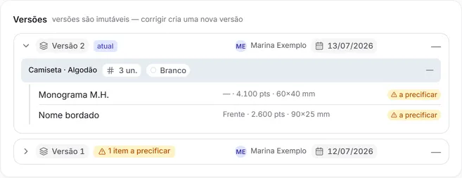 As versões de um orçamento com as peças e os bordados da versão atual.