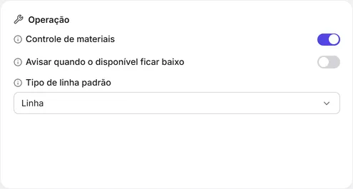 O cartão "Operação" com o tipo de linha padrão do bordado.