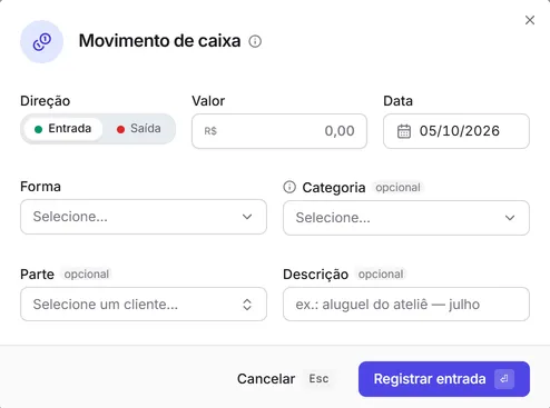 A janela "Movimento de caixa" de um lançamento avulso: direção, valor, data, forma, categoria, parte e descrição.