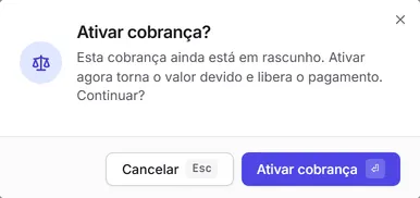 A confirmação "Ativar cobrança?" de uma conta a pagar em rascunho, com o botão "Ativar cobrança".