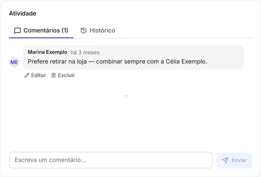 A seção "Atividade" de um cadastro, com a aba de comentários.