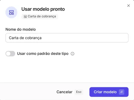 A janela "Usar modelo pronto": o nome do novo modelo e a opção de usá-lo como padrão do tipo.