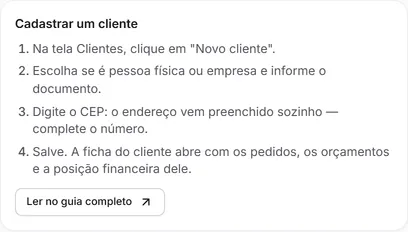 Um assunto da central de ajuda com o passo a passo e o link "Ler no guia completo".