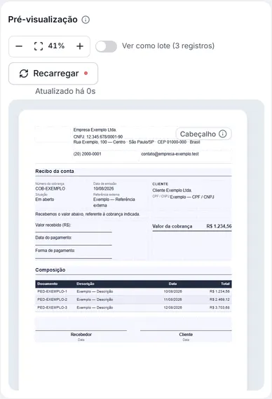 A pré-visualização do editor, com os blocos do documento posicionados na página e os controles de zoom.