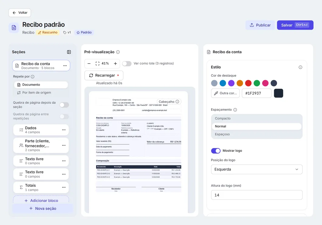 O editor de modelo: as seções à esquerda, a pré-visualização da página no meio e as propriedades à direita.