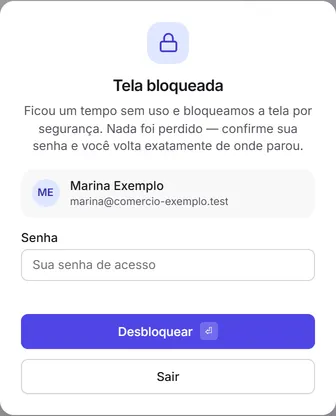 A tela bloqueada por inatividade, pedindo a senha para voltar de onde parou.