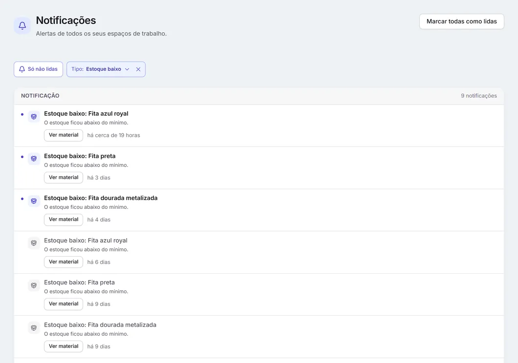 A tela de notificações com o filtro "Tipo" em "Estoque baixo" e a lista de avisos.
