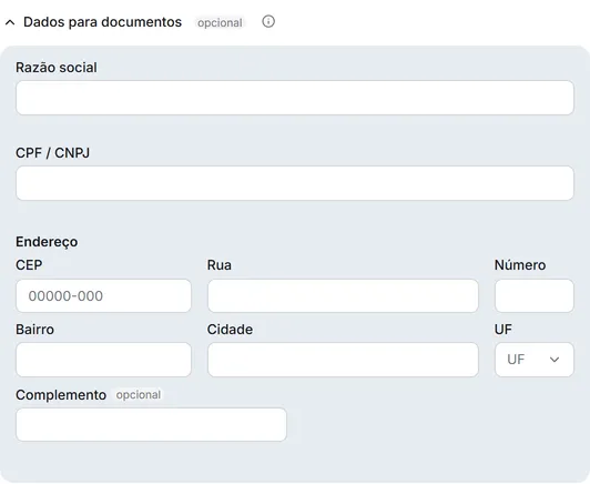 A seção opcional "Dados para documentos" aberta, com razão social, CPF/CNPJ e endereço.