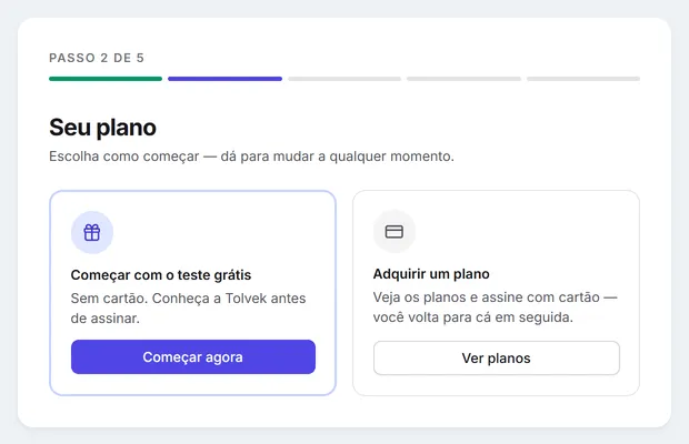 Passo 2 do assistente, "Seu plano": começar com o teste grátis ou ver os planos.