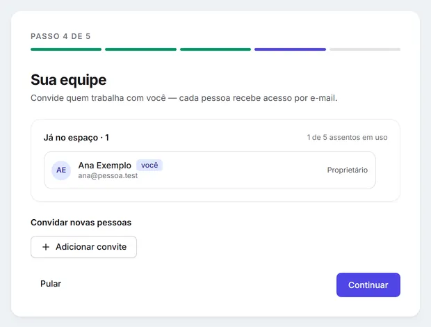 Passo 4 do assistente, "Sua equipe": quem já está no espaço, os assentos em uso e o botão para adicionar convites.