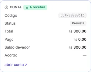 O cartão da conta a receber de um pedido: código, status, total, pago e saldo devedor.