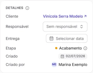 Os detalhes de um pedido aberto: cliente, responsável, entrega, etapa, data de criação e quem criou.