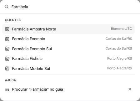 A paleta com uma busca por cliente: os clientes encontrados e a linha "Procurar no guia".