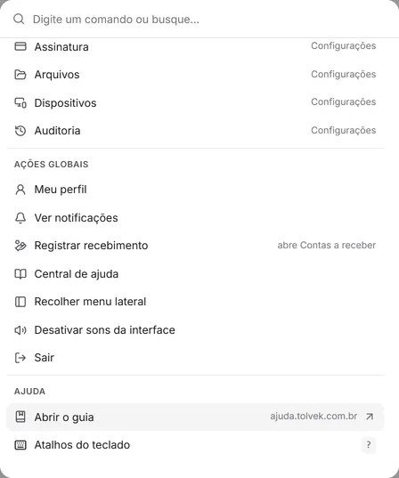 O fim da lista da paleta de comandos (Ctrl+K): as ações globais e o grupo "Ajuda", com "Abrir o guia".