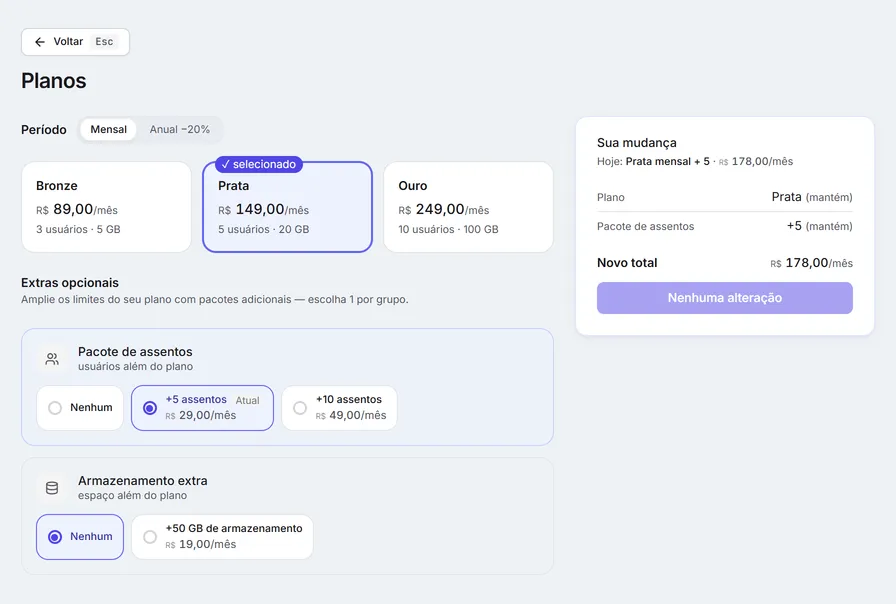 A tela de planos: período mensal ou anual, os planos Bronze, Prata e Ouro, os extras e o resumo da mudança.