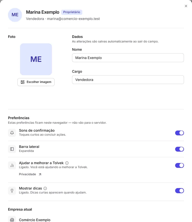 A janela "Meu perfil": o nome e o e-mail no alto, a foto, os dados (nome e cargo) e as preferências deste navegador.