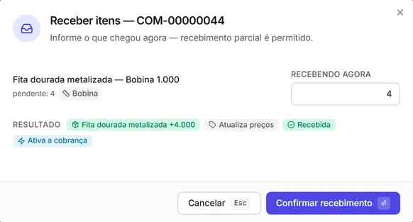 A janela "Receber itens" de uma compra: a quantidade recebendo agora e o resultado — o estoque que entra, "Atualiza preços", o novo status e "Ativa a cobrança".