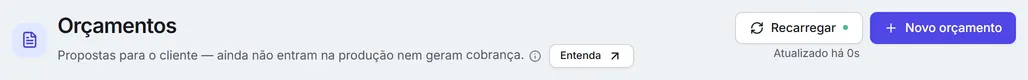 O topo da tela de orçamentos, com a explicação do que é um orçamento e os botões "Recarregar" e "Novo orçamento".