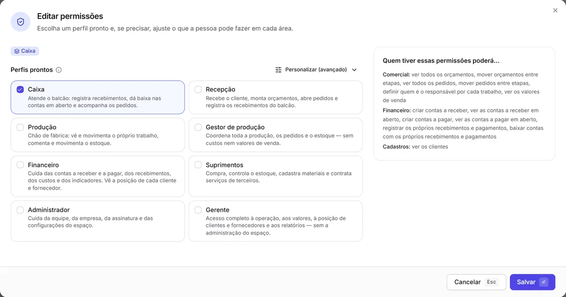 A edição das permissões de um membro da equipe, com os perfis prontos e o resumo do que a pessoa poderá fazer.