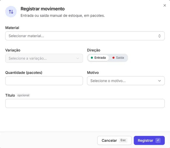 A janela "Registrar movimento" de estoque: material, variação, direção (entrada ou saída), quantidade em pacotes, motivo e título.