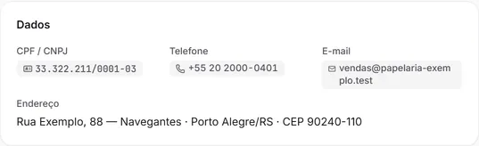 Os dados de um fornecedor aberto: documento, telefone, e-mail e endereço.
