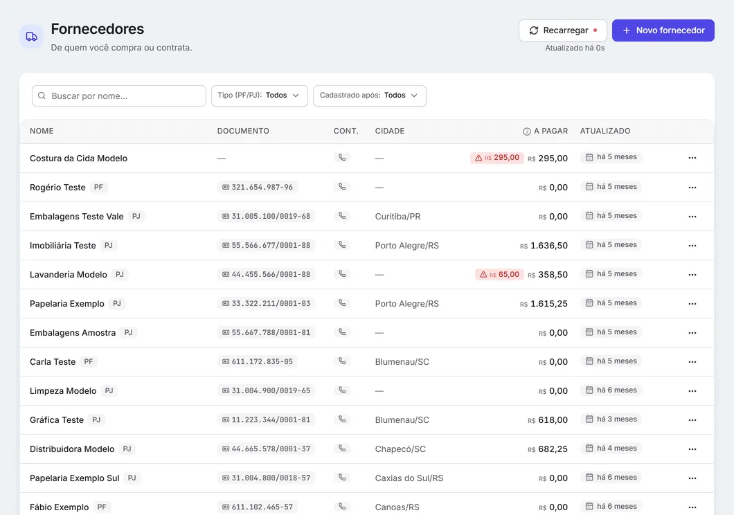 A lista de fornecedores com busca e filtros.