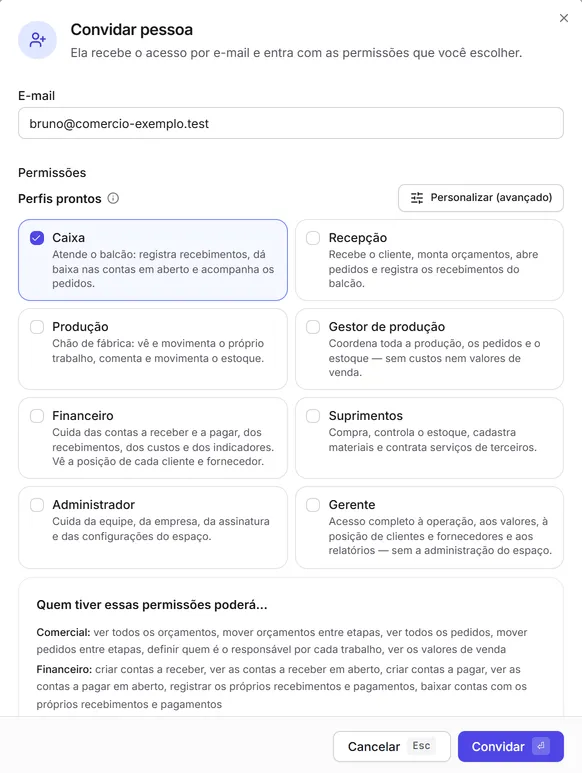 A janela "Convidar pessoa" com o e-mail preenchido e o perfil pronto Caixa marcado.