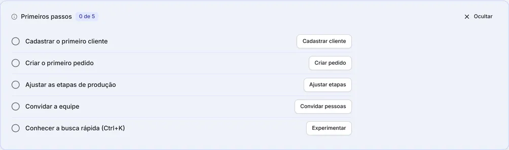 O cartão "Primeiros passos" do Início, com as cinco tarefas de uma empresa nova.
