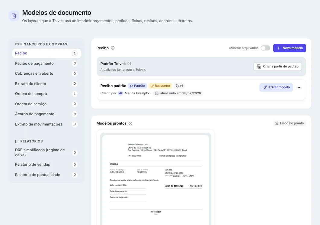 Modelos de documento: a navegação pelos tipos, agrupada, e os modelos do tipo escolhido.