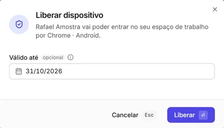 A janela "Liberar dispositivo" com a validade escolhida no campo "Válido até".