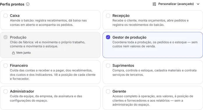 Os perfis prontos na edição das permissões de um membro: outro perfil marcado e o que já vem dentro dele como "Vem junto".