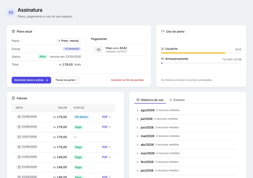 A assinatura: o plano atual, os extras, o status com a data de renovação, o total, o pagamento e o uso do plano.
